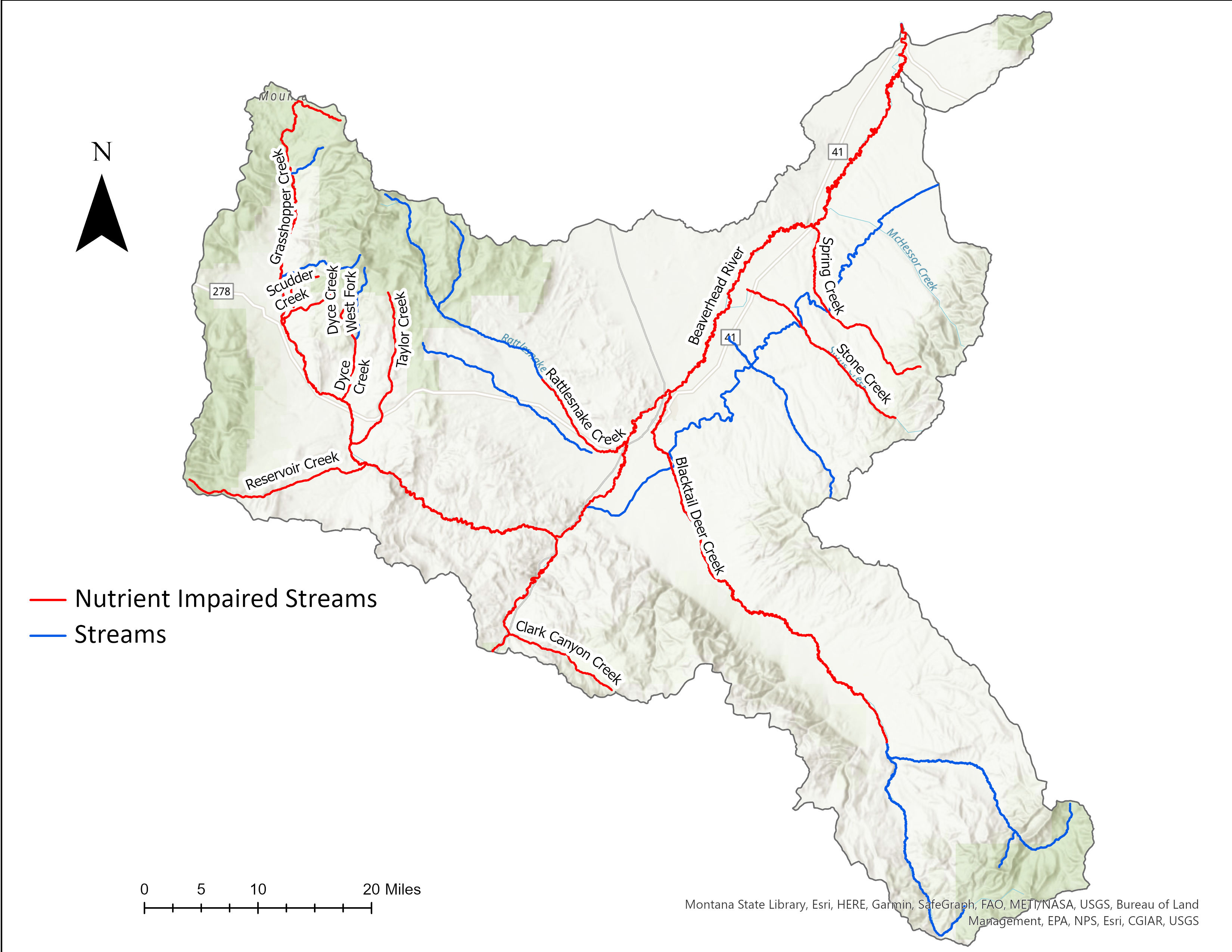 Stream segments that have nutrient impairment listings within the Beaverhead TMDL Planning Area 