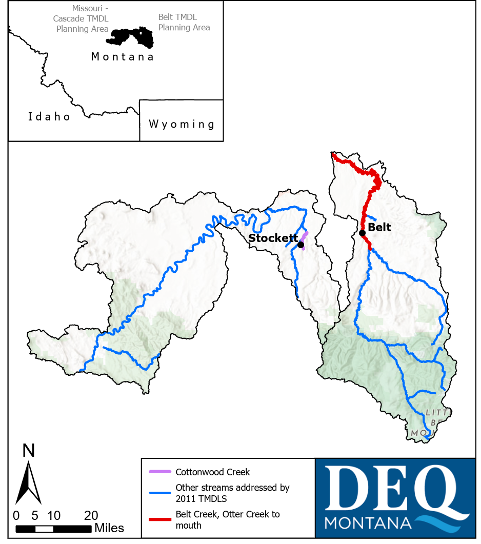 Map of the Missouri-Cascade and Belt TMDL Planning Areas. Cottonwood Creek and lower Belt Creek are highlighted.